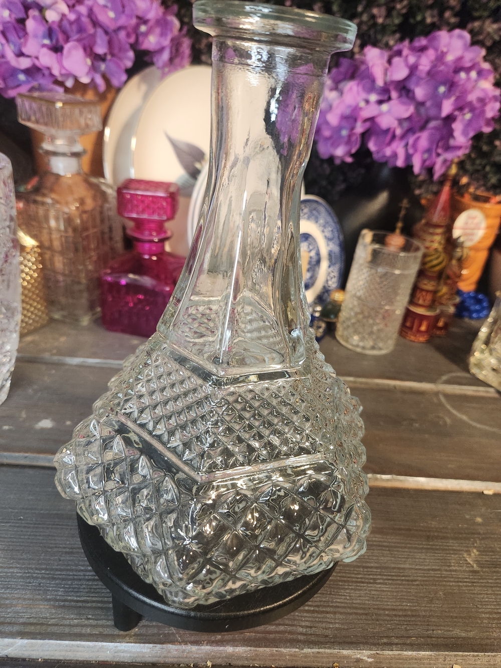 Clear Diamond- Pattern Vase 9 In H Vintage Home Decor